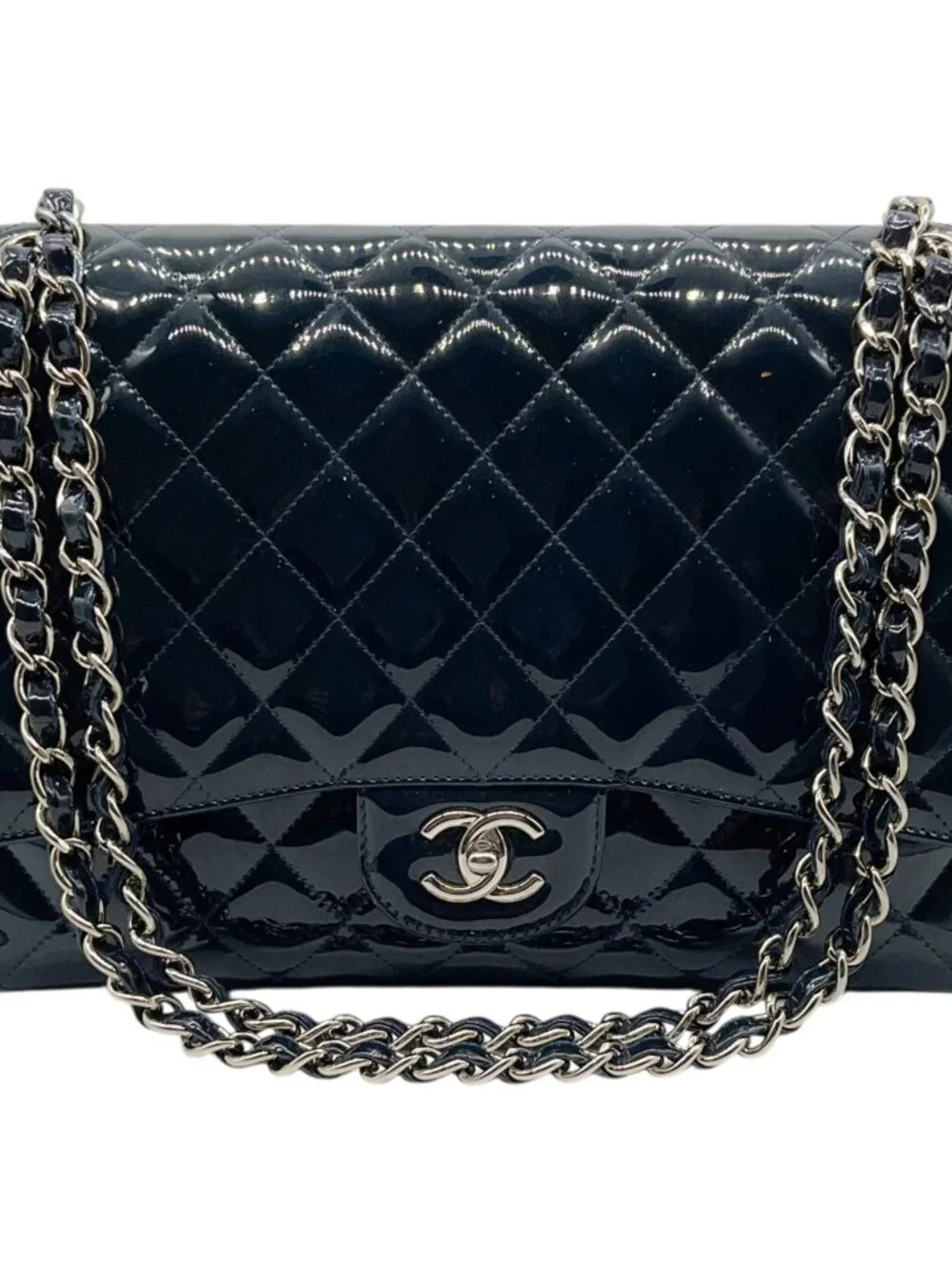 Chanel Navy Blue Patent Leather Maxi Flap Bag